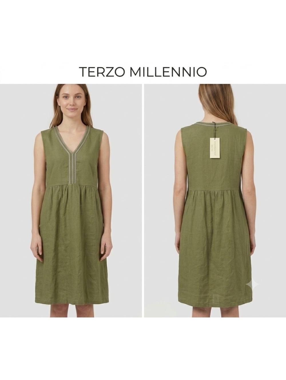 Terzo Millennio Made in Italy Olive Linen Dress Metallic/Embroidered Trim L